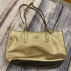 Coach Gold Metallic Zip City Tote Pebble Leather